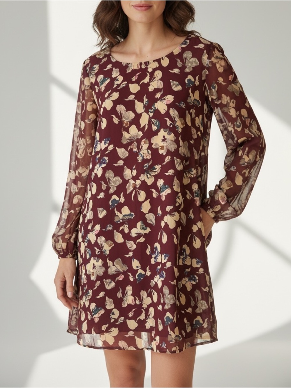 ASTR The Label Burgundy Floral Chiffon Shift Dress L Romantic Boho Mini